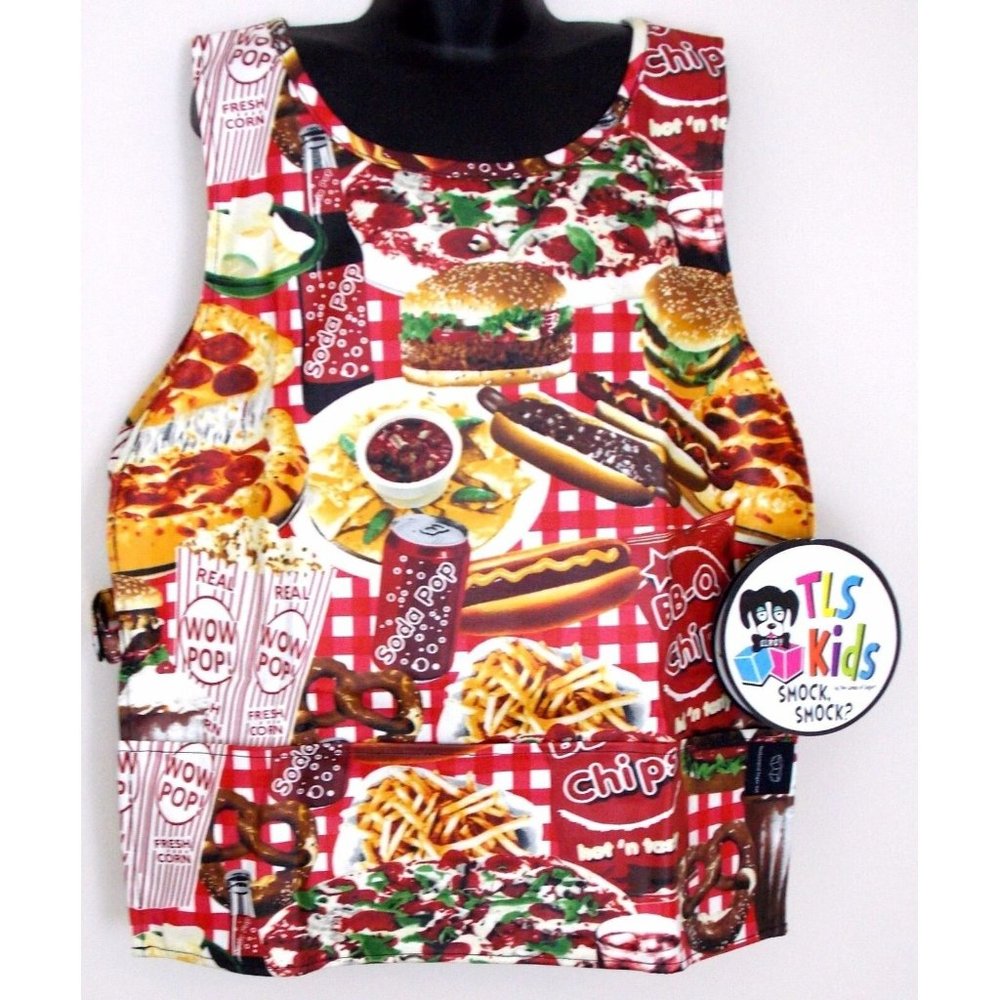 Smock Apron Junk Food Kids Lot of 2 Popcorn Pretzel Hamburger Fries Soda Coated